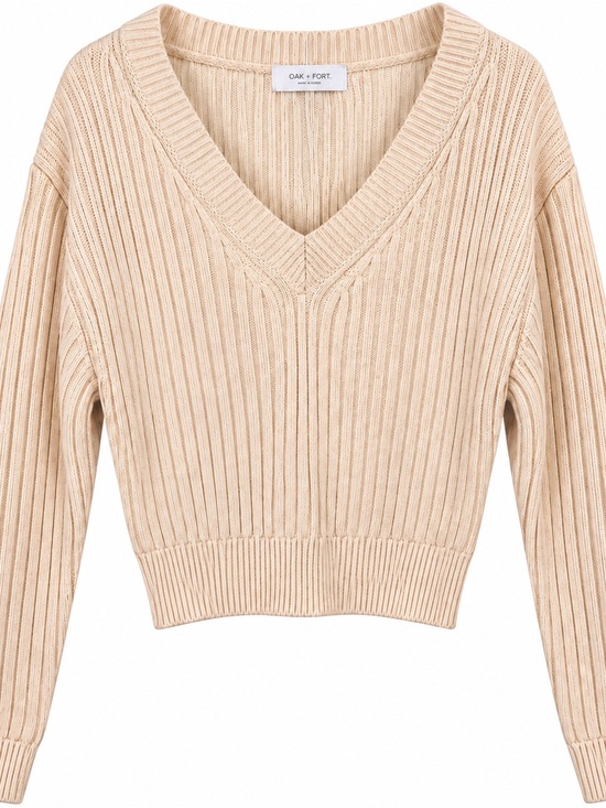 OAK + FORT Sweaters - Oak + Fort Women’s S Cream Ribbed V-Neck Tie Back Sweater